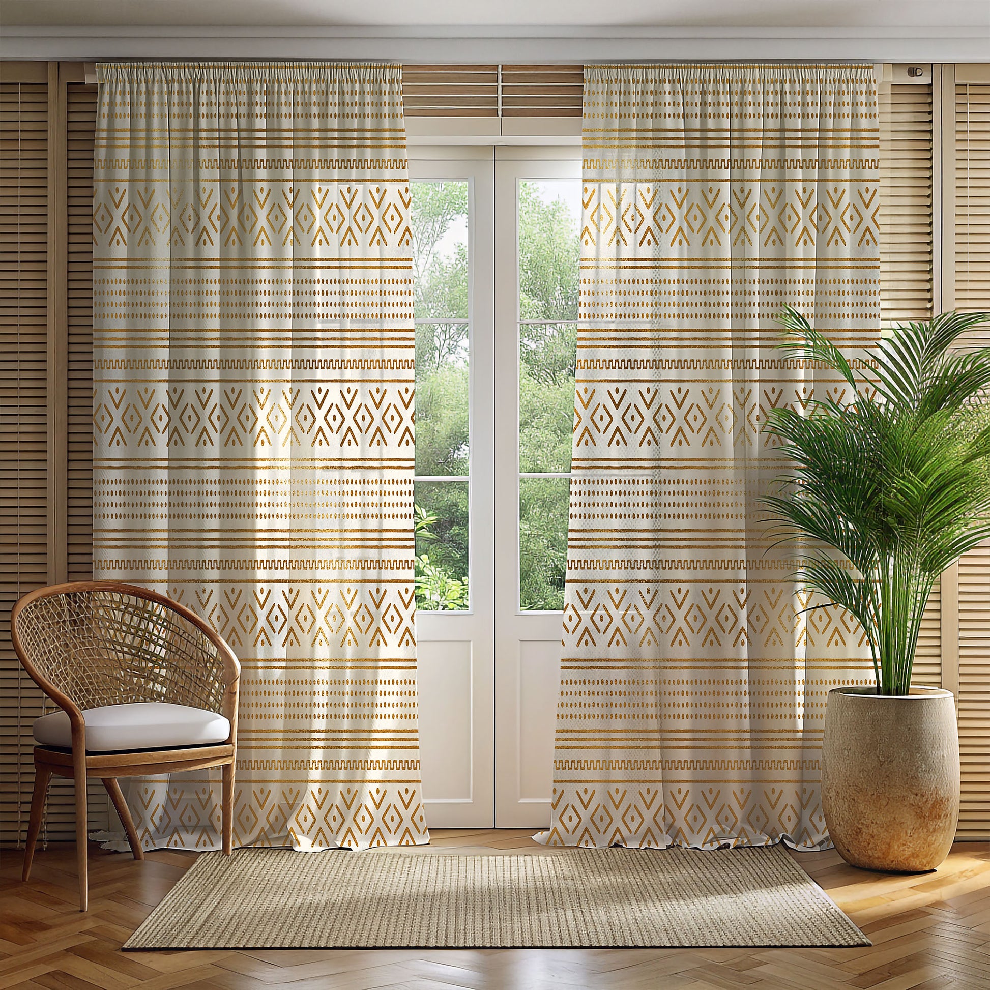 Gold African Window Curtain-Mudcloth Pattern-Sanktuari Decor