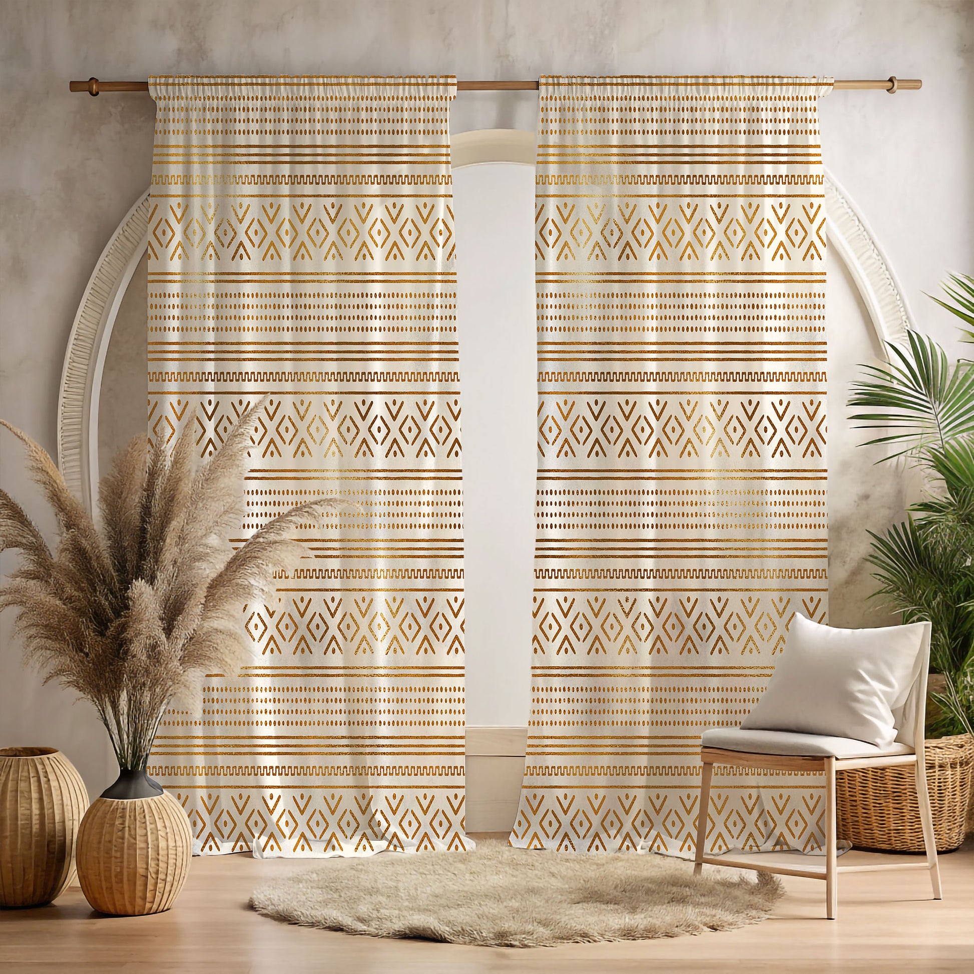 Gold African Window Curtain-Mudcloth Pattern-Sanktuari Decor