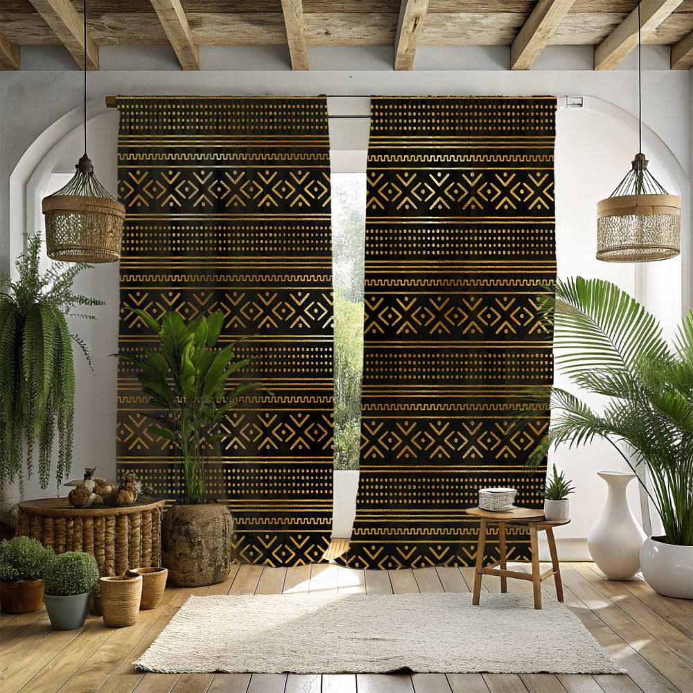 Gold African Window Curtain-Mudcloth Pattern-Sanktuari Decor