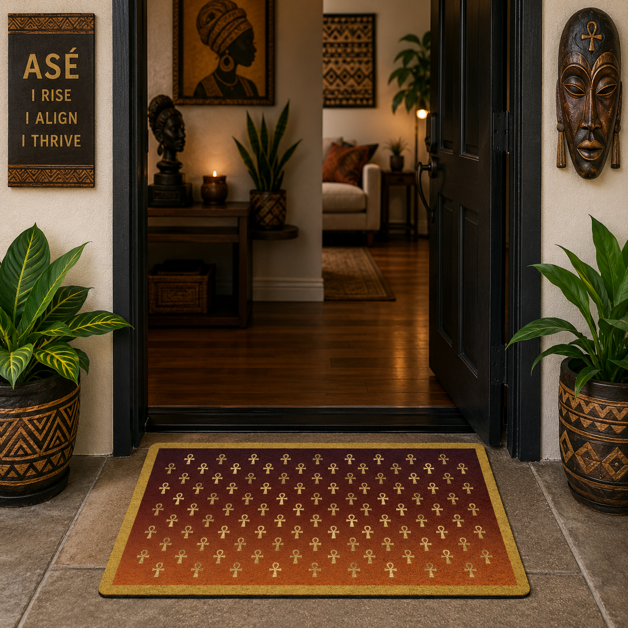 Decorative doormat with ankh pattern in a home entrance with plants and wall art.