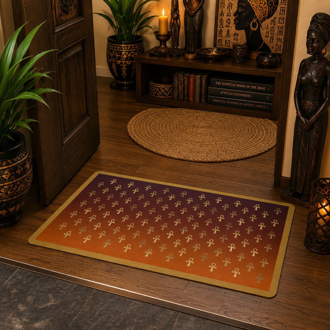 Decorative doormat with ankh symbols on a gradient background in front of a door.