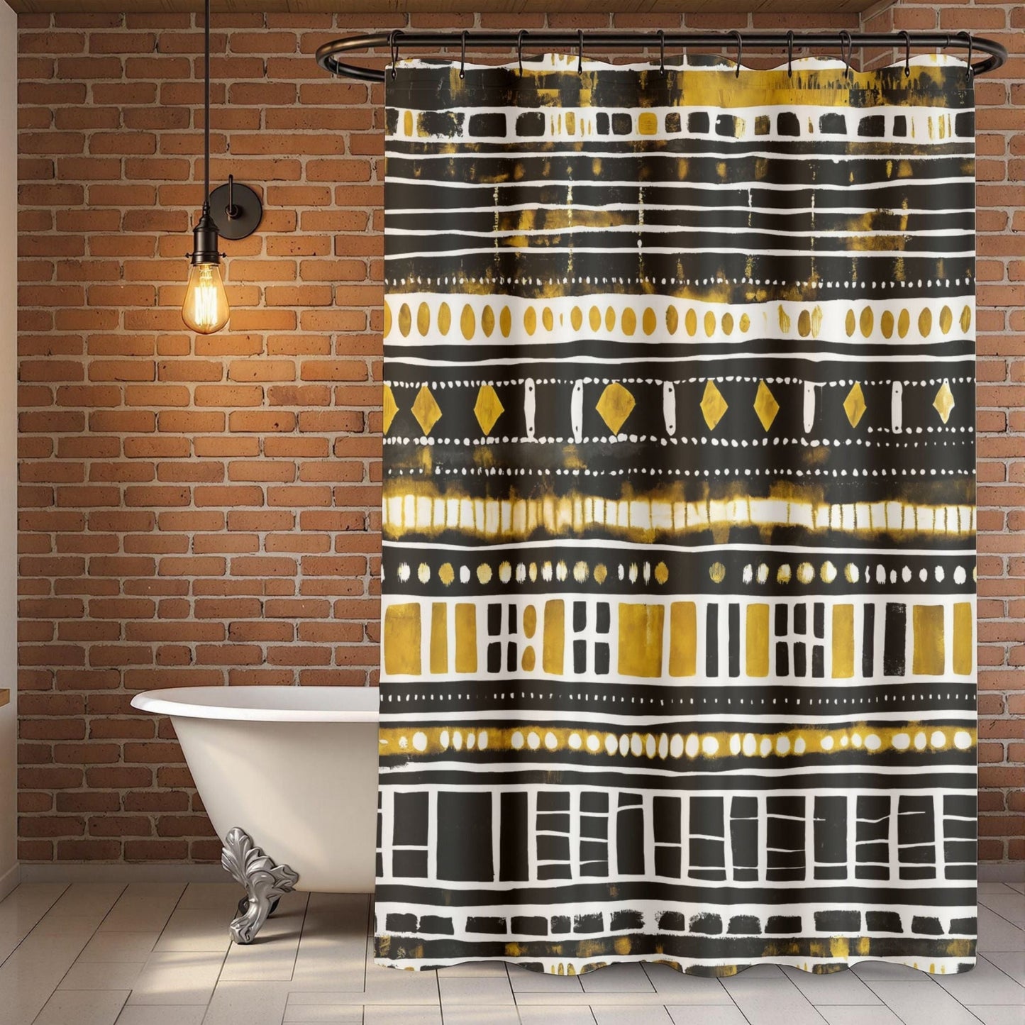 Tribal shower curtain with geometric pattern in a bathroom setting.