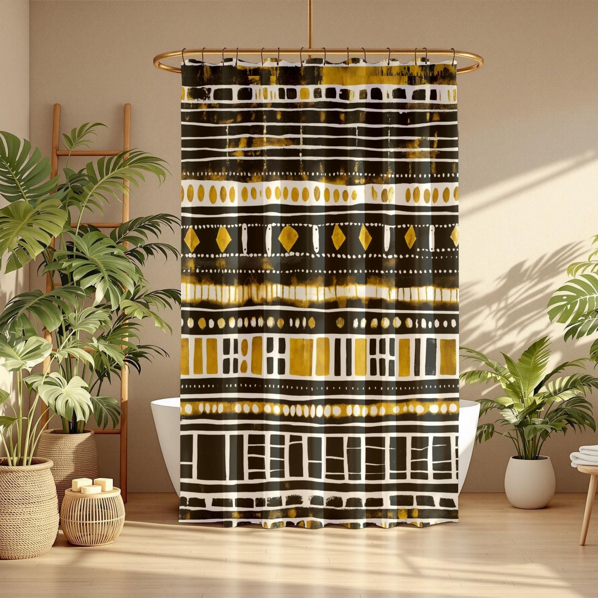 African Mudcloth Shower Curtain with geometric pattern in a bathroom setting with plants.