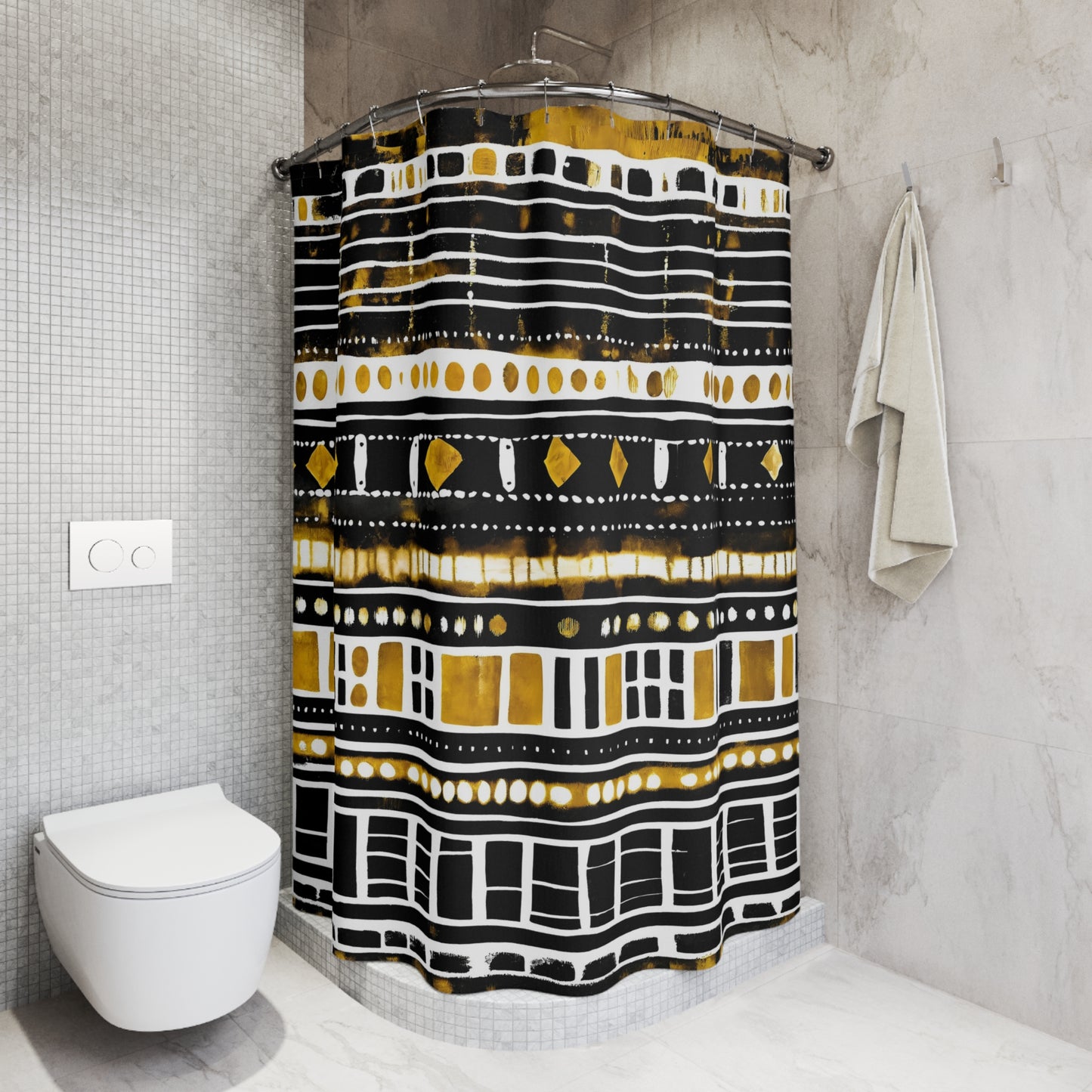 Modern Shower curtain with black, gold, and white pattern in a bathroom setting
