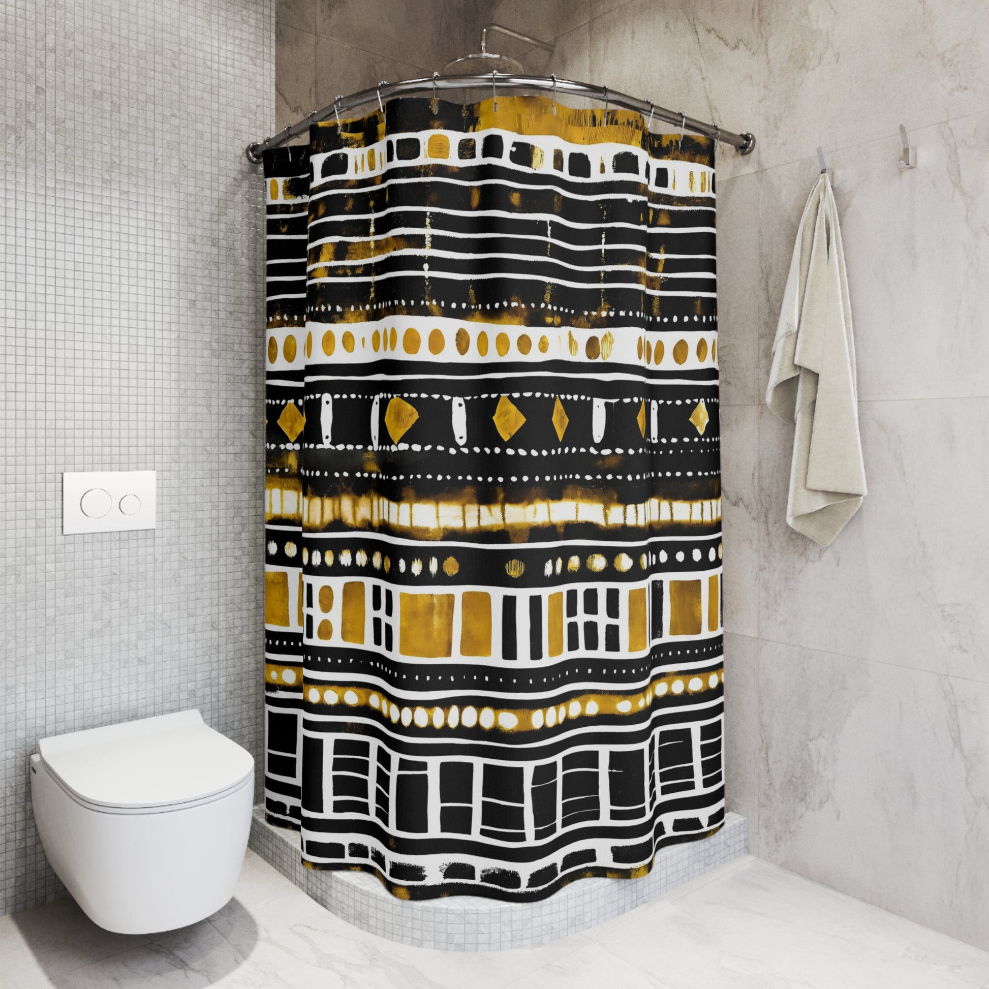 Modern Shower curtain with black, gold, and white pattern in a bathroom setting