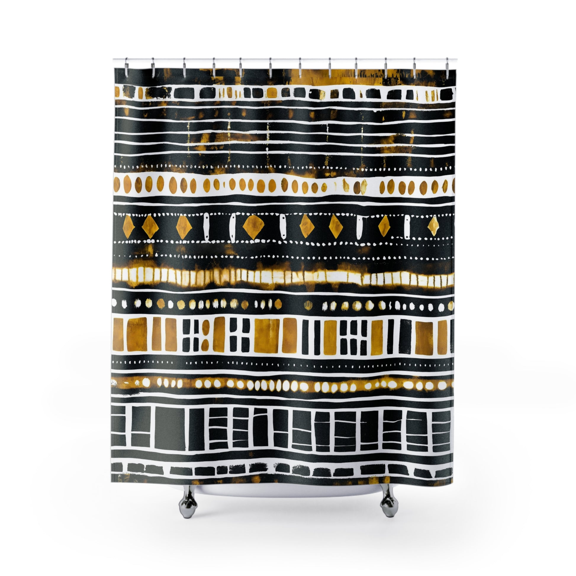 Cultural Shower curtains with black, gold, and white geometric pattern on a white background.