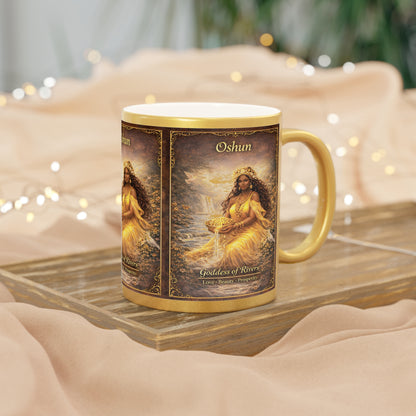 Decorative mug with Oshun design on a wooden surface