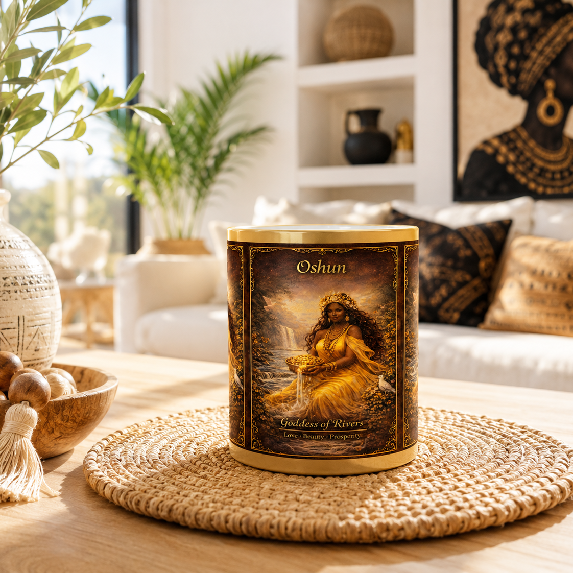 Candle with a decorative label on a woven mat in a cozy living room.
