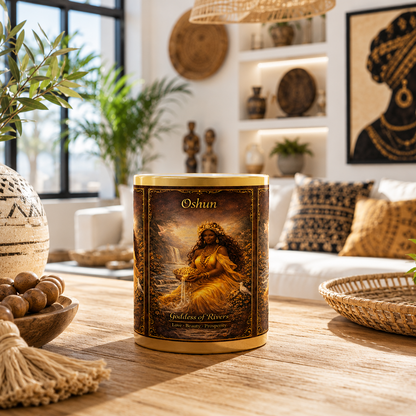 Decorative mug with 'Oshun' design on a wooden table in a living room setting.