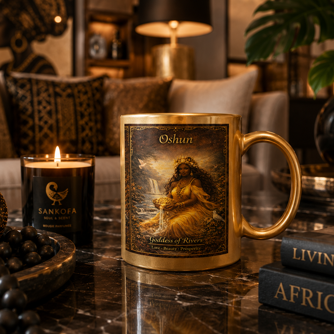 Gold mug with 'Oshun' design on a marble surface with a candle and books in the background.
