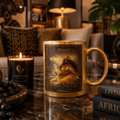 Gold mug with 'Oshun' design on a marble surface with a candle and books in the background.