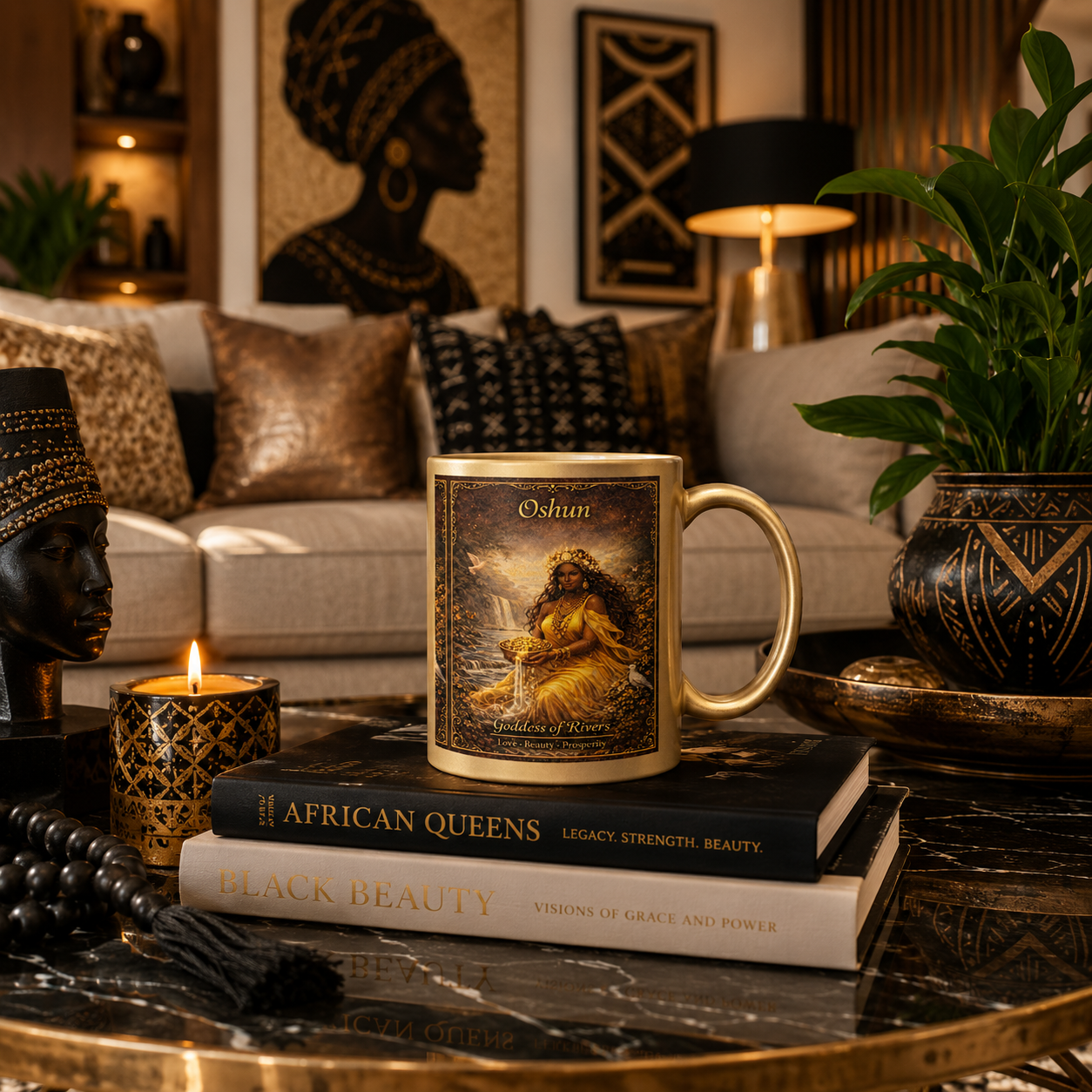 Gold Oshun Mug on coffee table