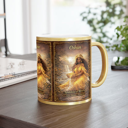 Mug with artistic design of a Oshun in a yellow dress on a wooden surface.