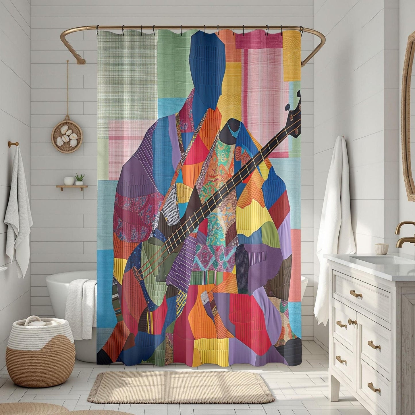 Bathroom with a colorful shower curtain featuring a guitar design.