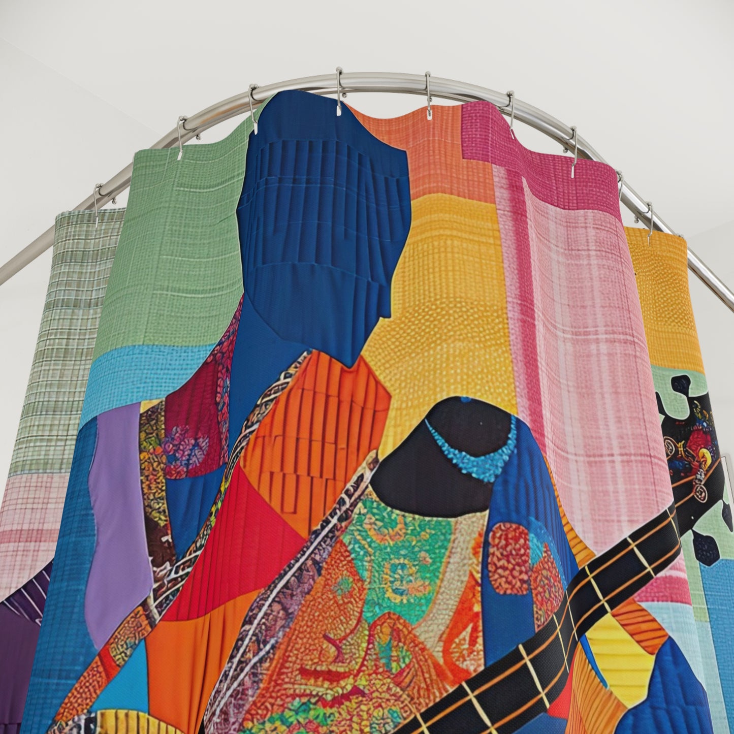 Colorful fabric samples on a circular metal rod against a white background