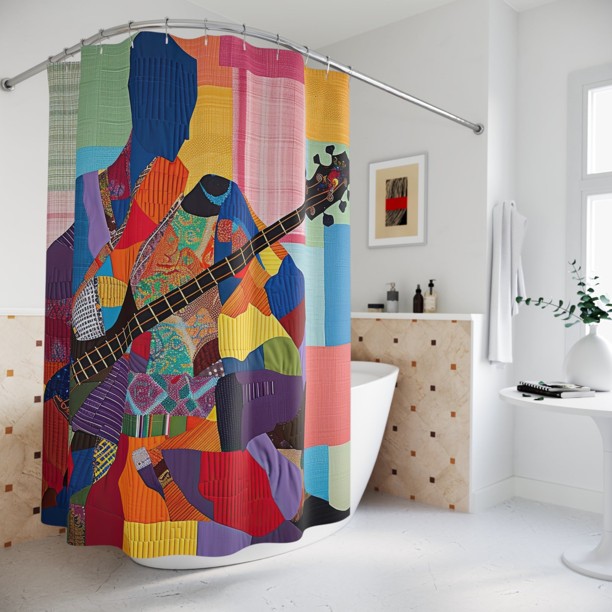 Colorful shower curtain with artistic design of a person playing guitar in a bathroom.