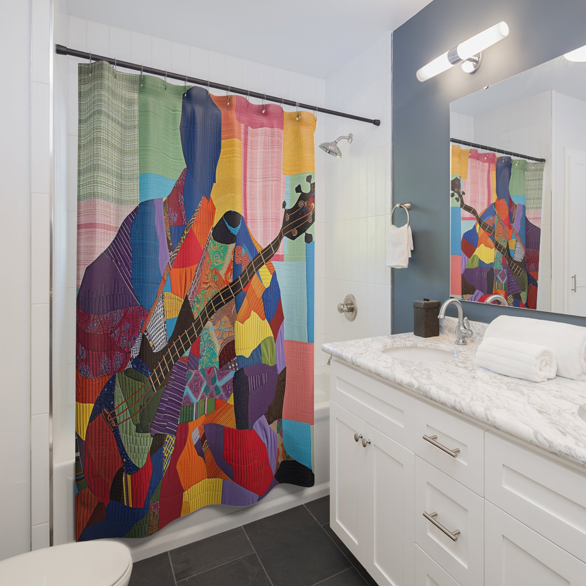 Bathroom with a colorful guitar-themed shower curtain