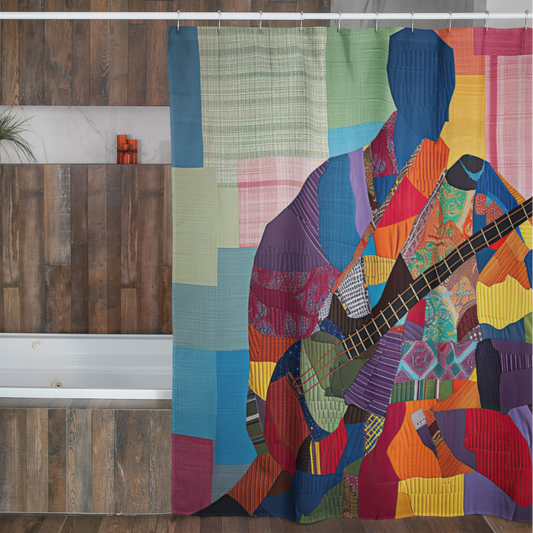 Bathroom with a colorful guitar-themed shower curtain.