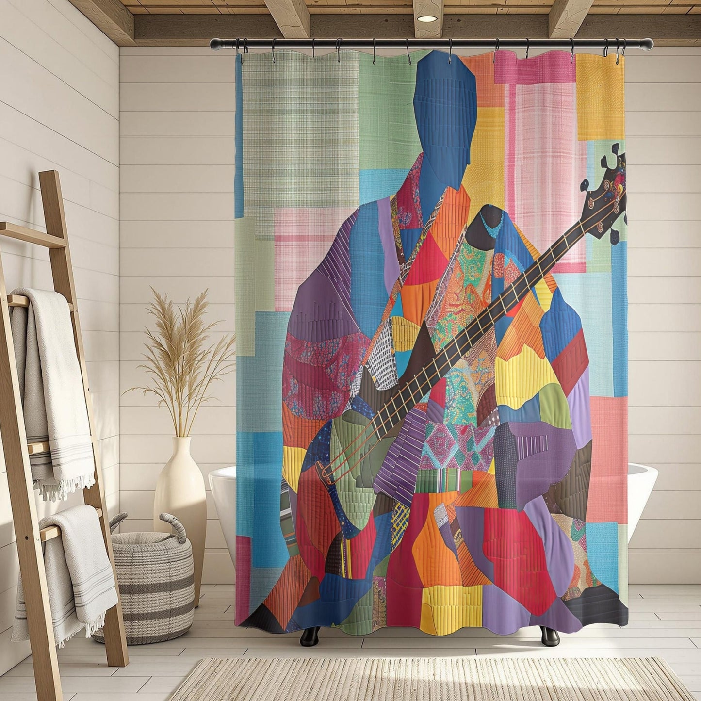 Colorful shower curtain with a geometric design of a person playing a guitar in a bathroom setting.
