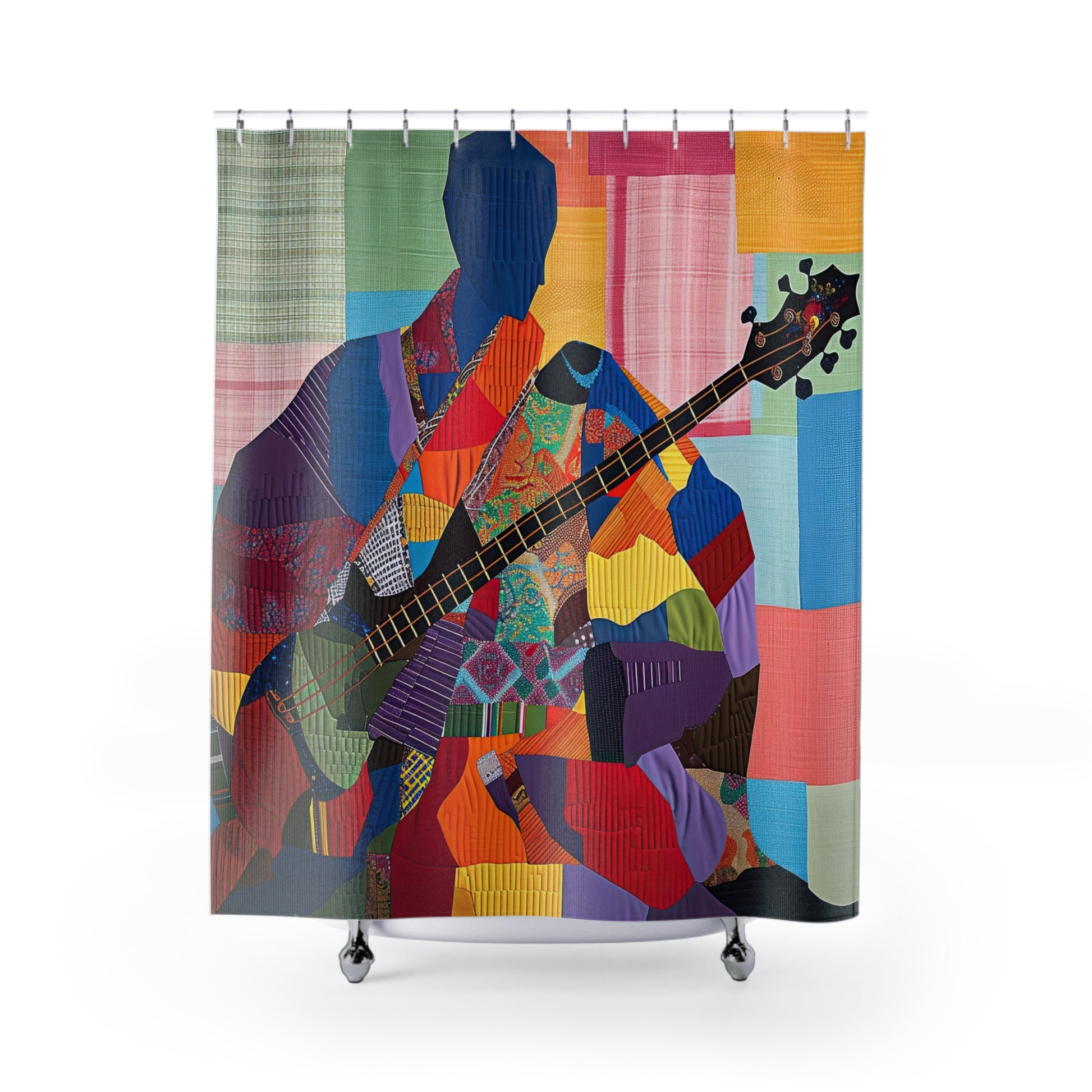 Shower curtain with a colorful abstract design of a person playing a guitar on a white background