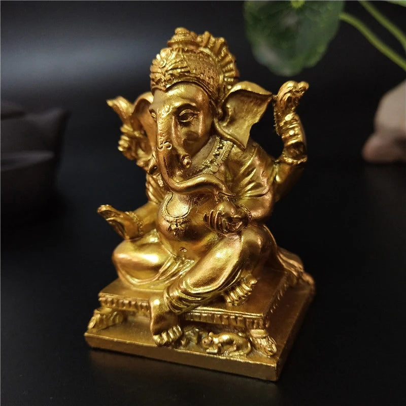 Mini Golden Ganesh Elephant God Sculpture Figurines Ornaments