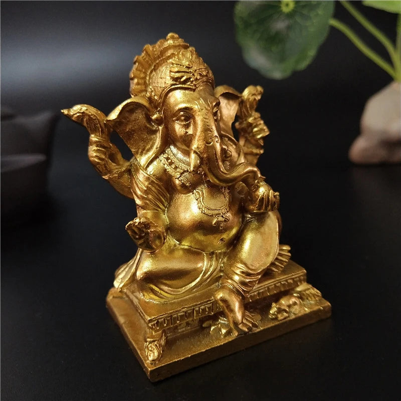 Mini Golden Ganesh Elephant God Sculpture Figurines Ornaments