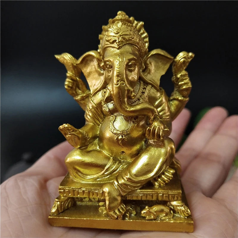 Mini Golden Ganesh Elephant God Sculpture Figurines Ornaments