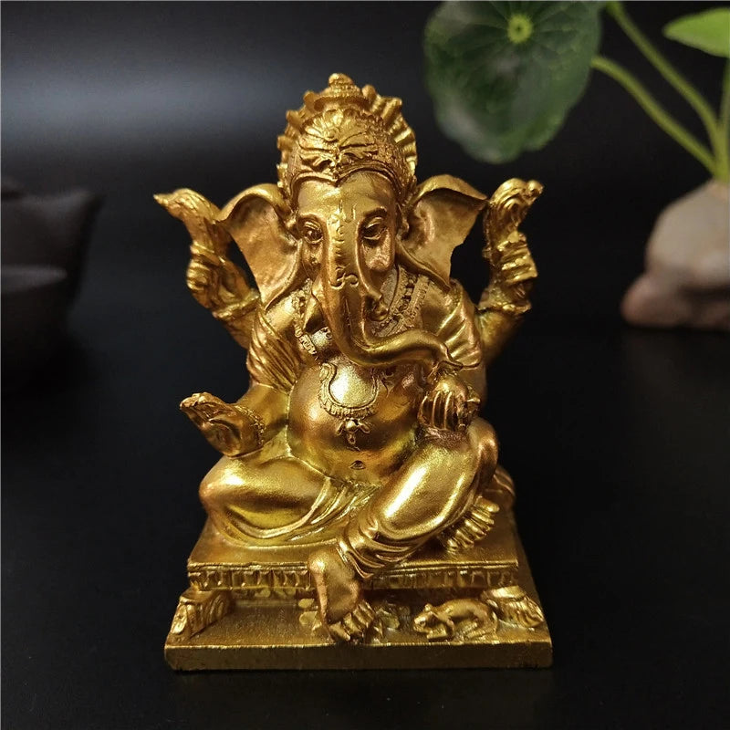 Mini Golden Ganesh Elephant God Sculpture Figurines Ornaments