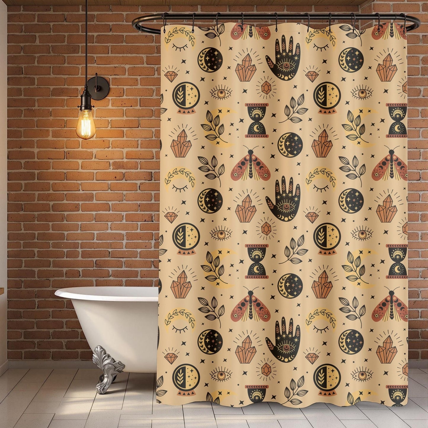 Shower curtain with decorative patterns in a bathroom with a brick wall and freestanding bathtub.