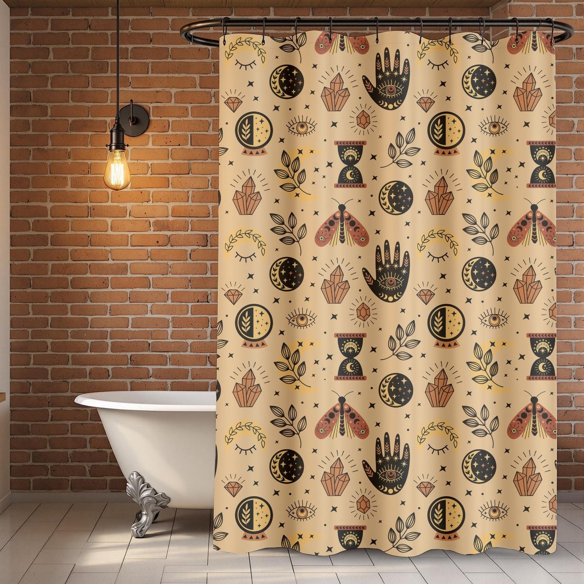 Shower curtain with decorative patterns in a bathroom with a brick wall and freestanding bathtub.