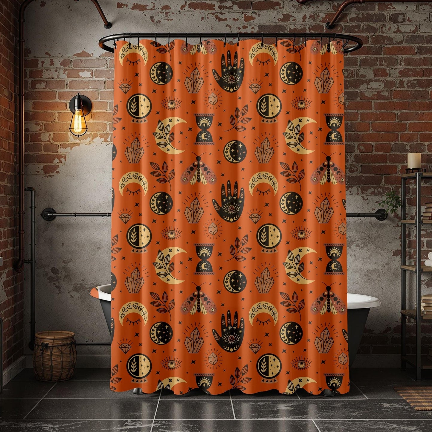 Orange shower curtain with Hamsa Hand designs in a bathroom with brick walls and a bathtub.