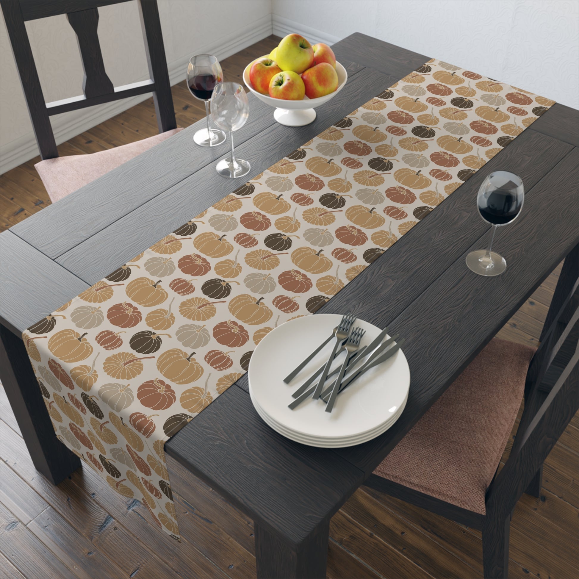 Bohemian table runner featuring spiritual and ethnic patterns in earthy tones.