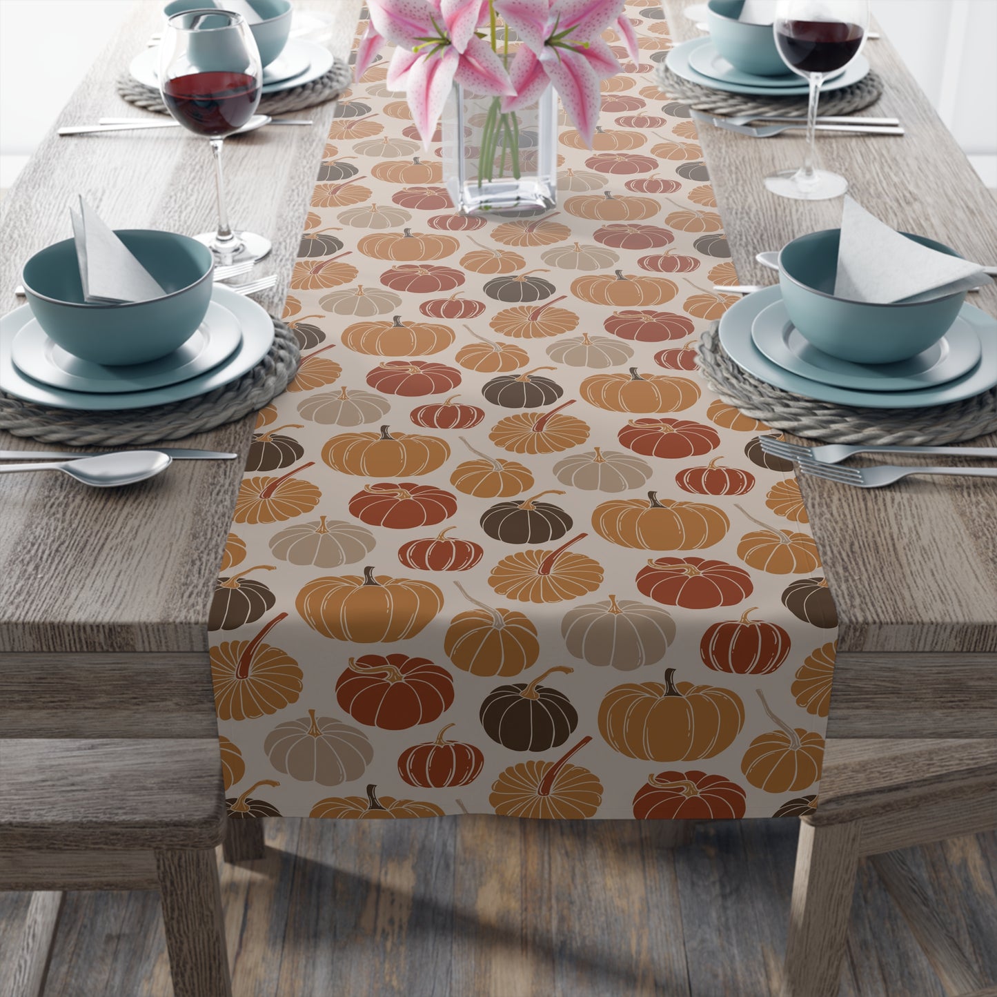 Bohemian table runner featuring spiritual and ethnic patterns in earthy tones.