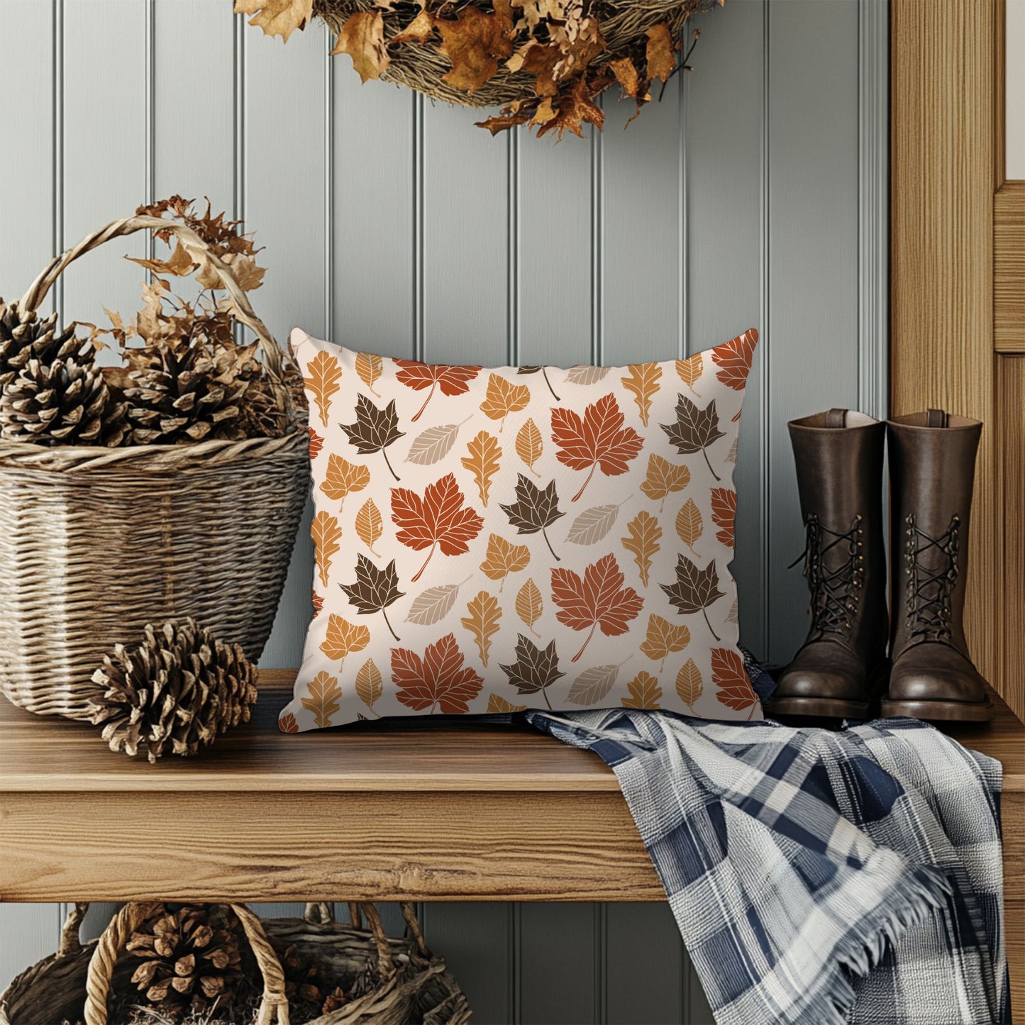 Decorative pillow with autumn leaf pattern on a wooden bench with pinecones and boots.