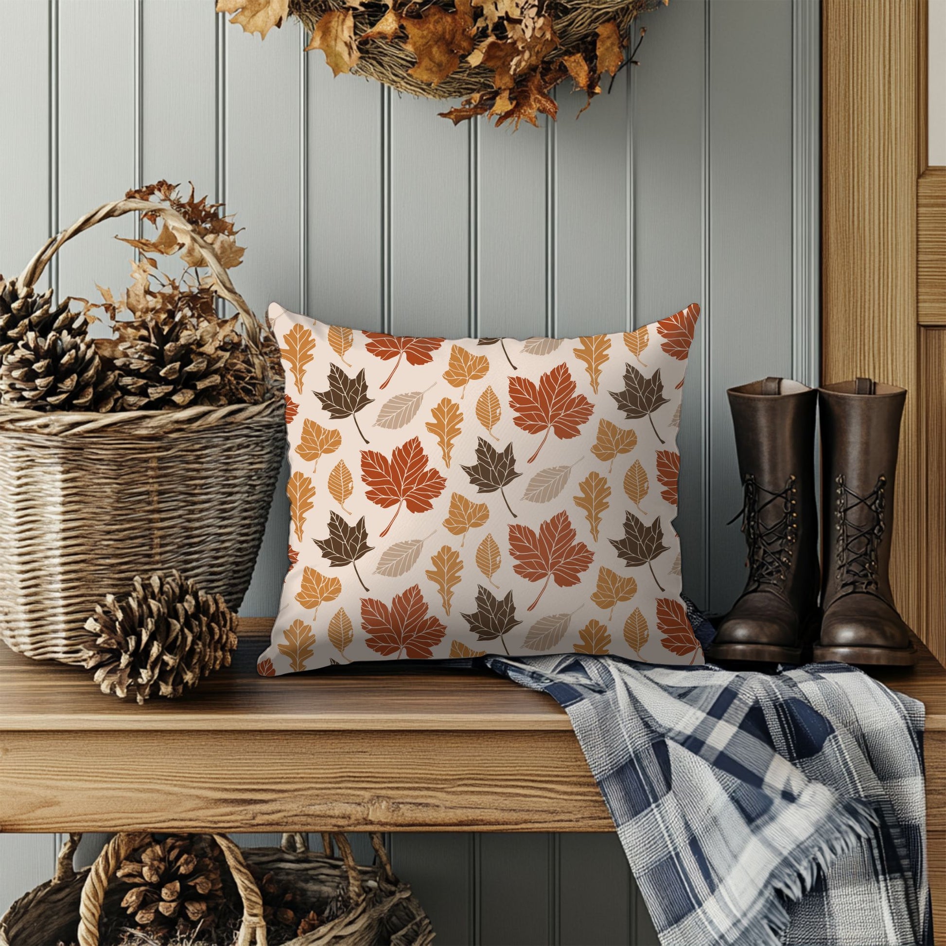 Decorative pillow with autumn leaf pattern on a wooden bench with pinecones and boots.