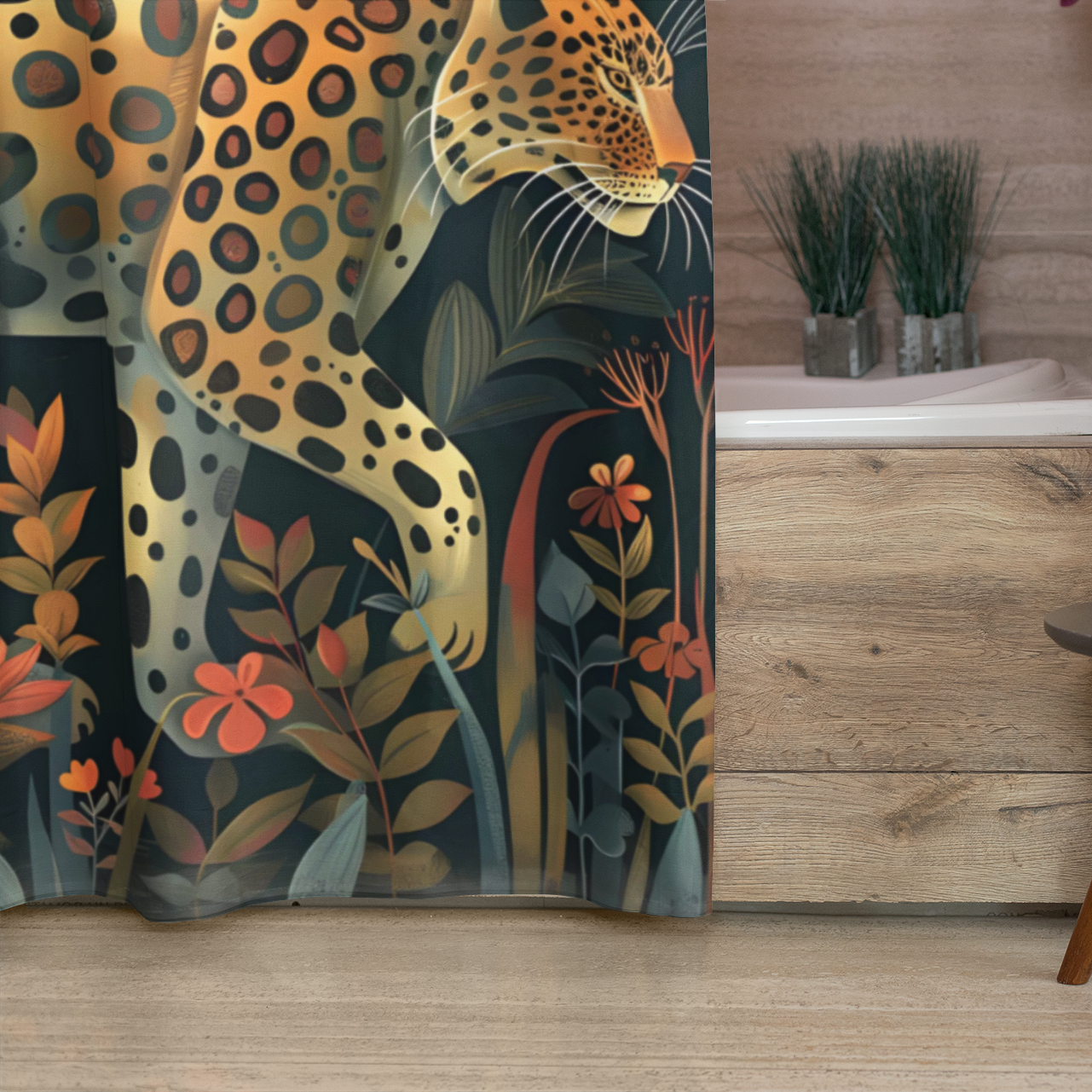 Bathroom with a decorative shower curtain featuring a leopard and floral design.