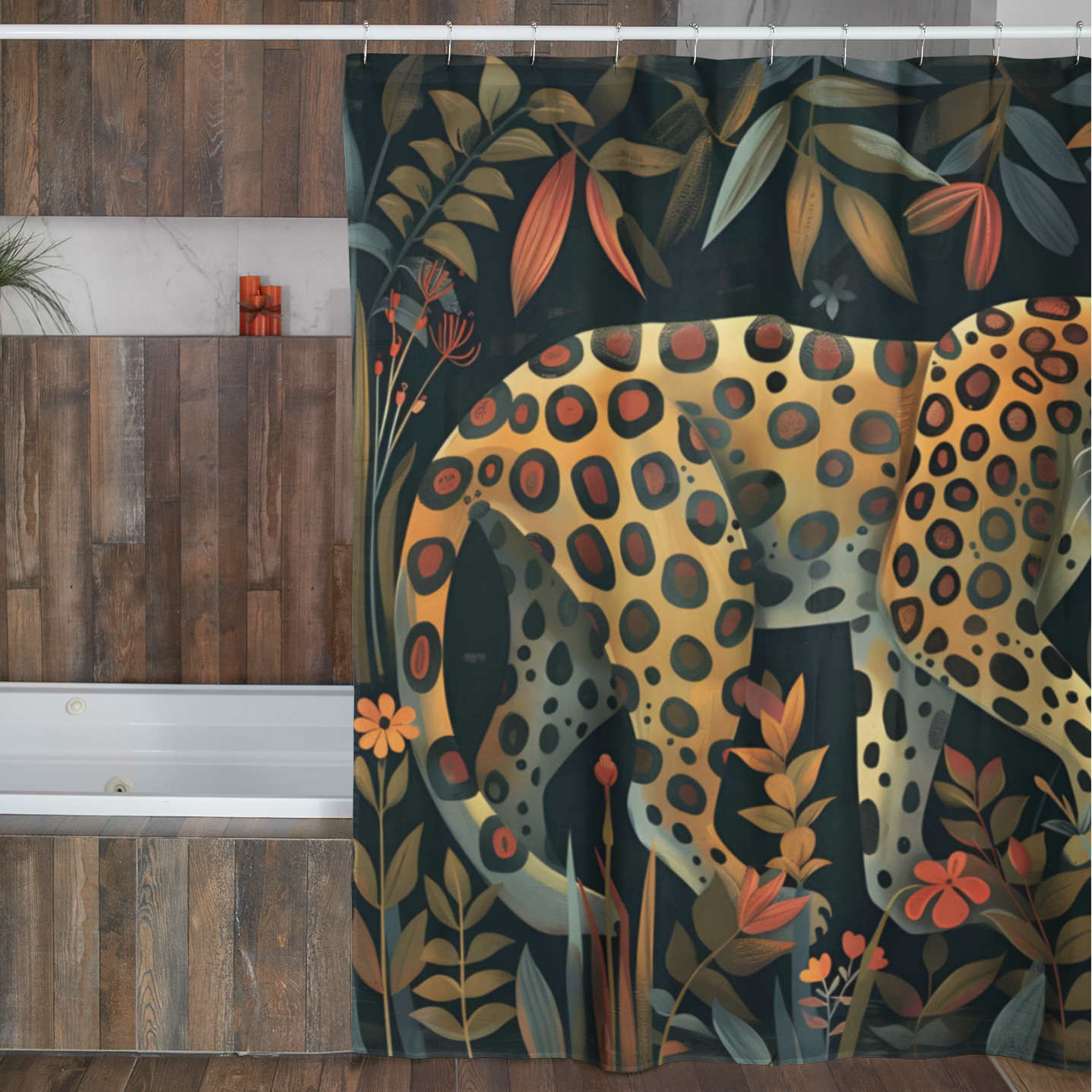 Bathroom with a leopard and floral shower curtain