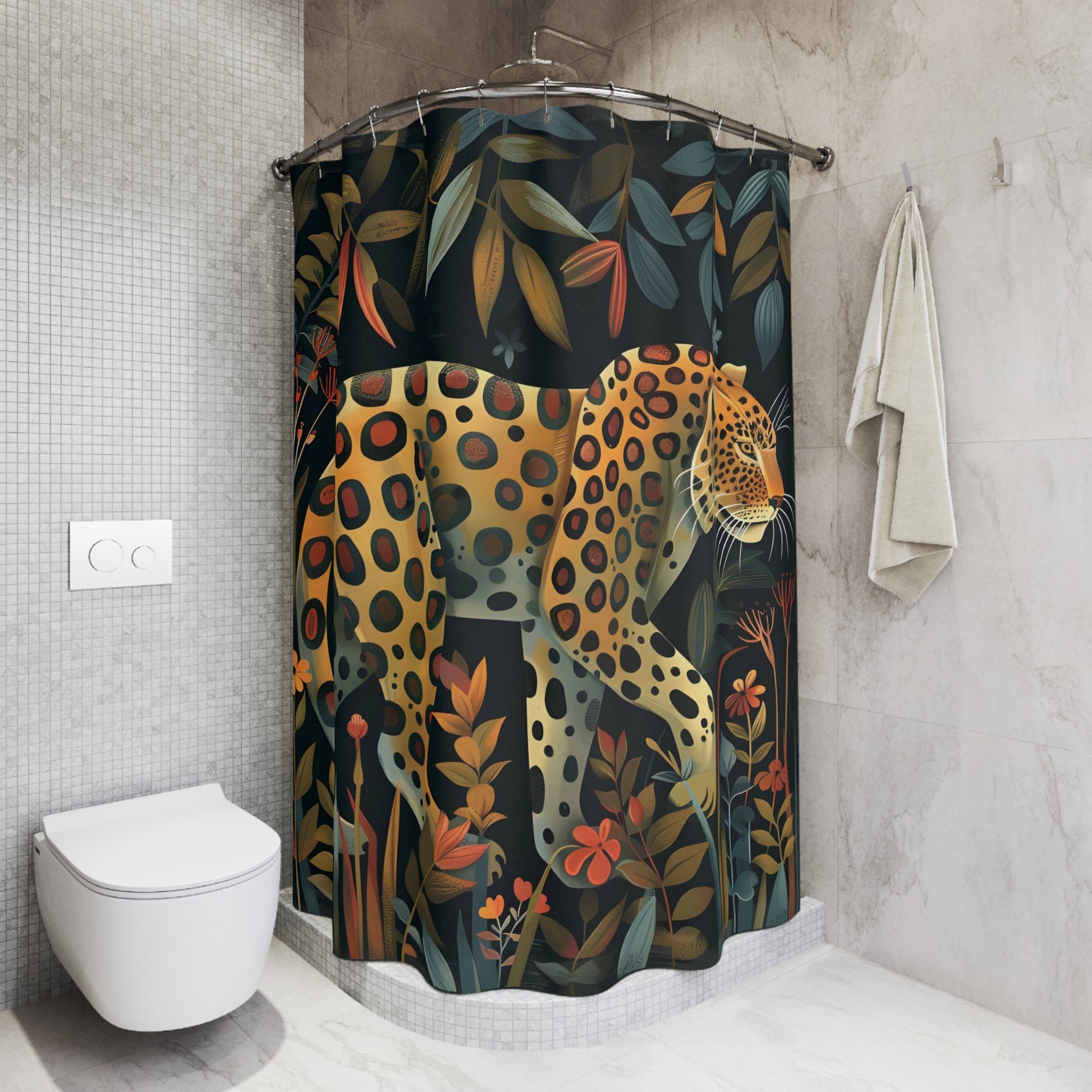 Shower curtain with a leopard design in a bathroom setting