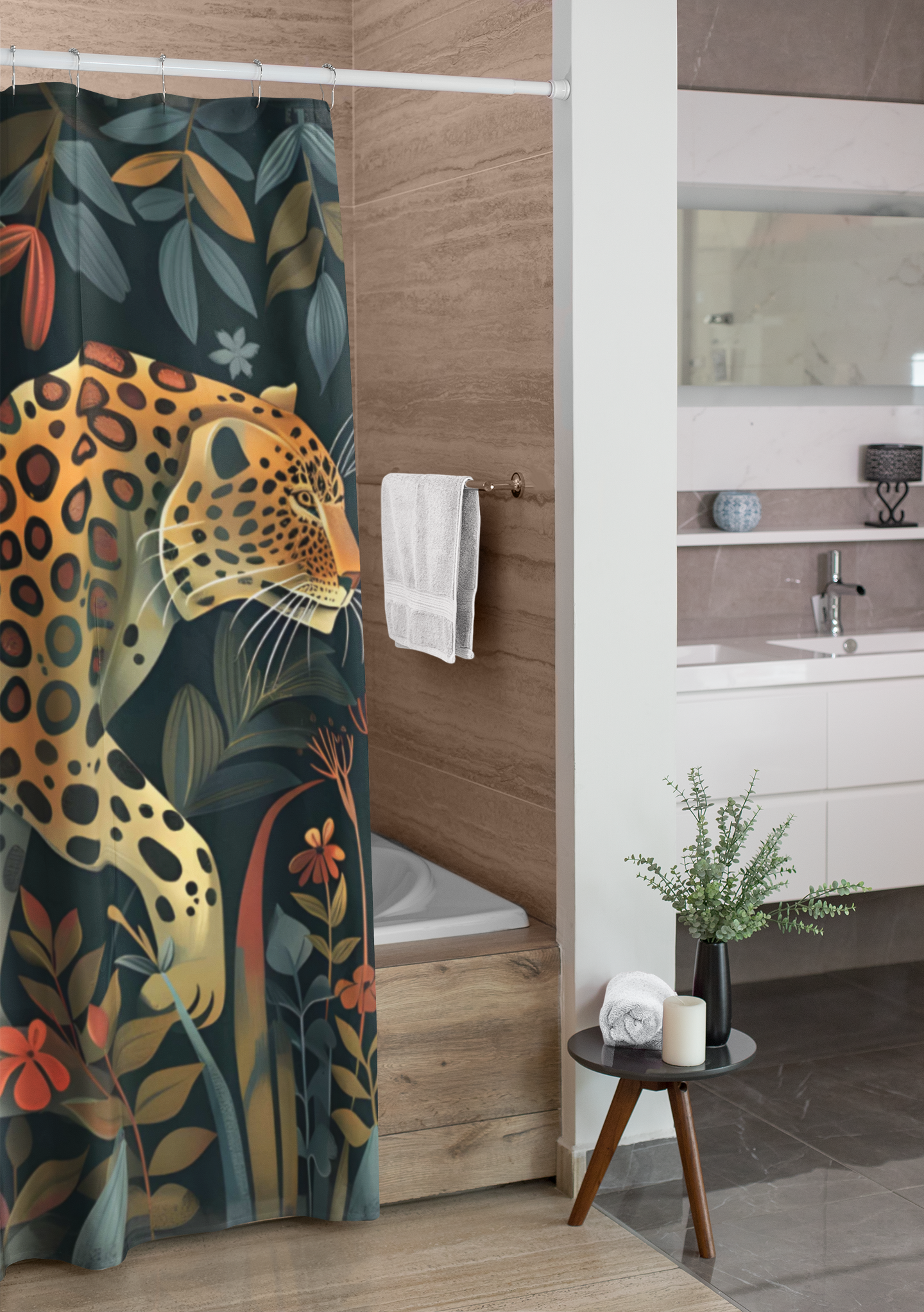 Bathroom with a colorful leopard-themed shower curtain