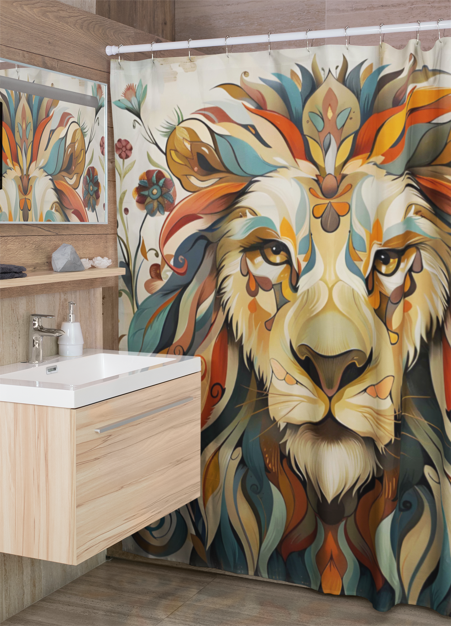 Bathroom with a colorful lion-themed shower curtain