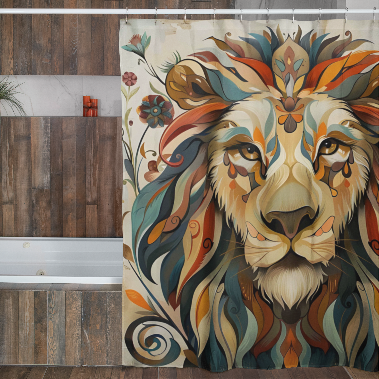 Bathroom with a wooden vanity and decorative lion-themed shower curtain.