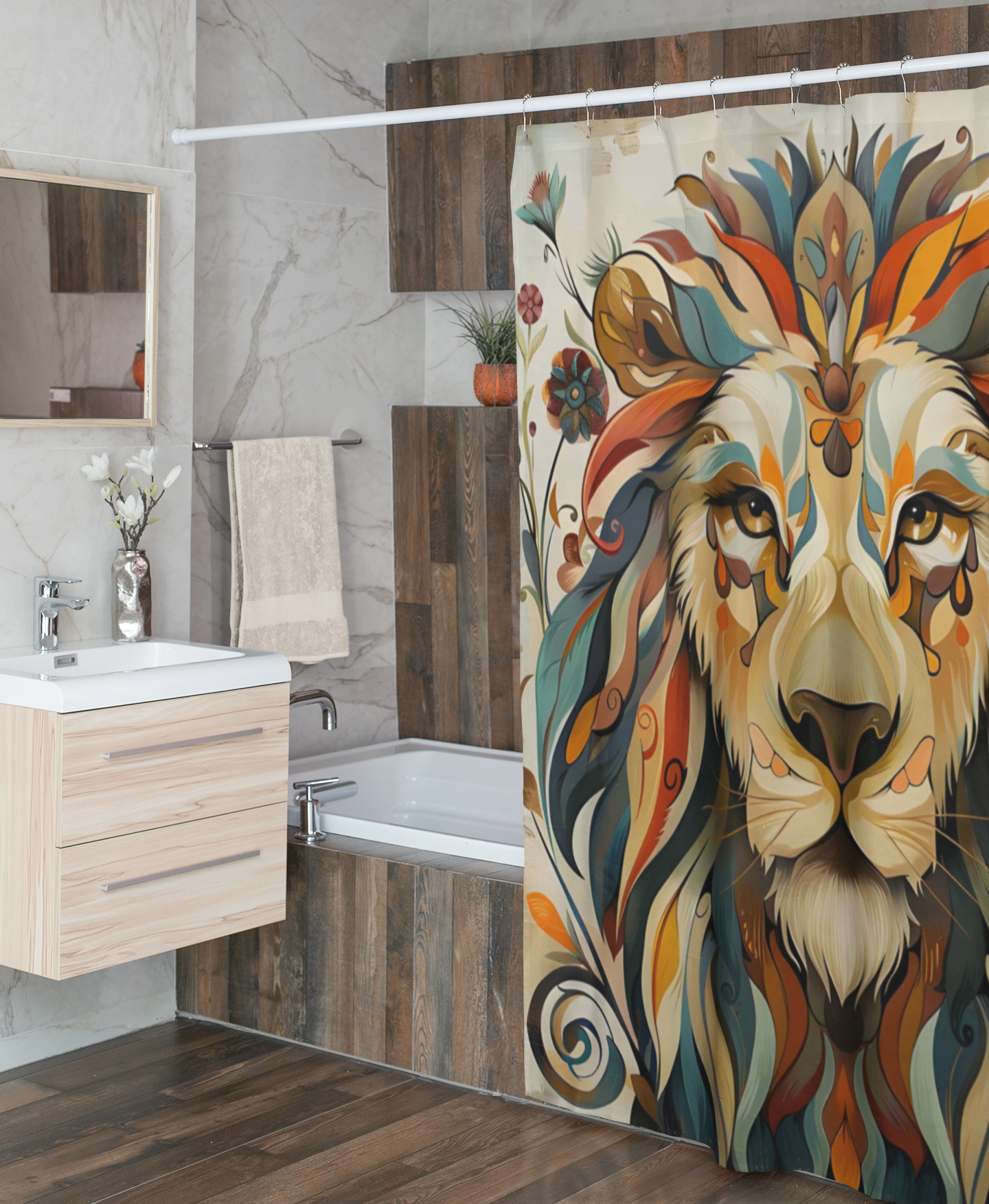 Bathroom with a colorful lion-themed shower curtain