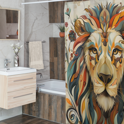 Bathroom with a colorful lion-themed shower curtain