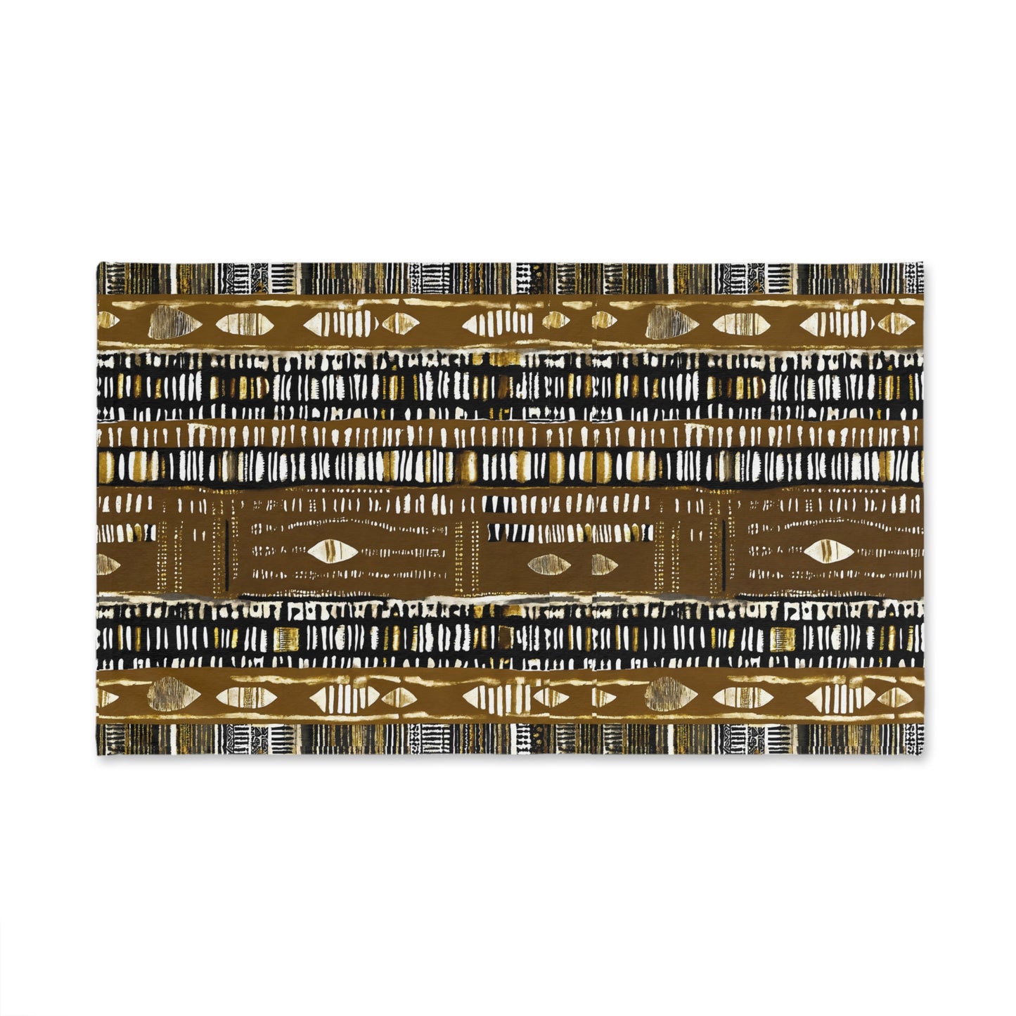Patterned towel with black, gold, and white design on a white background