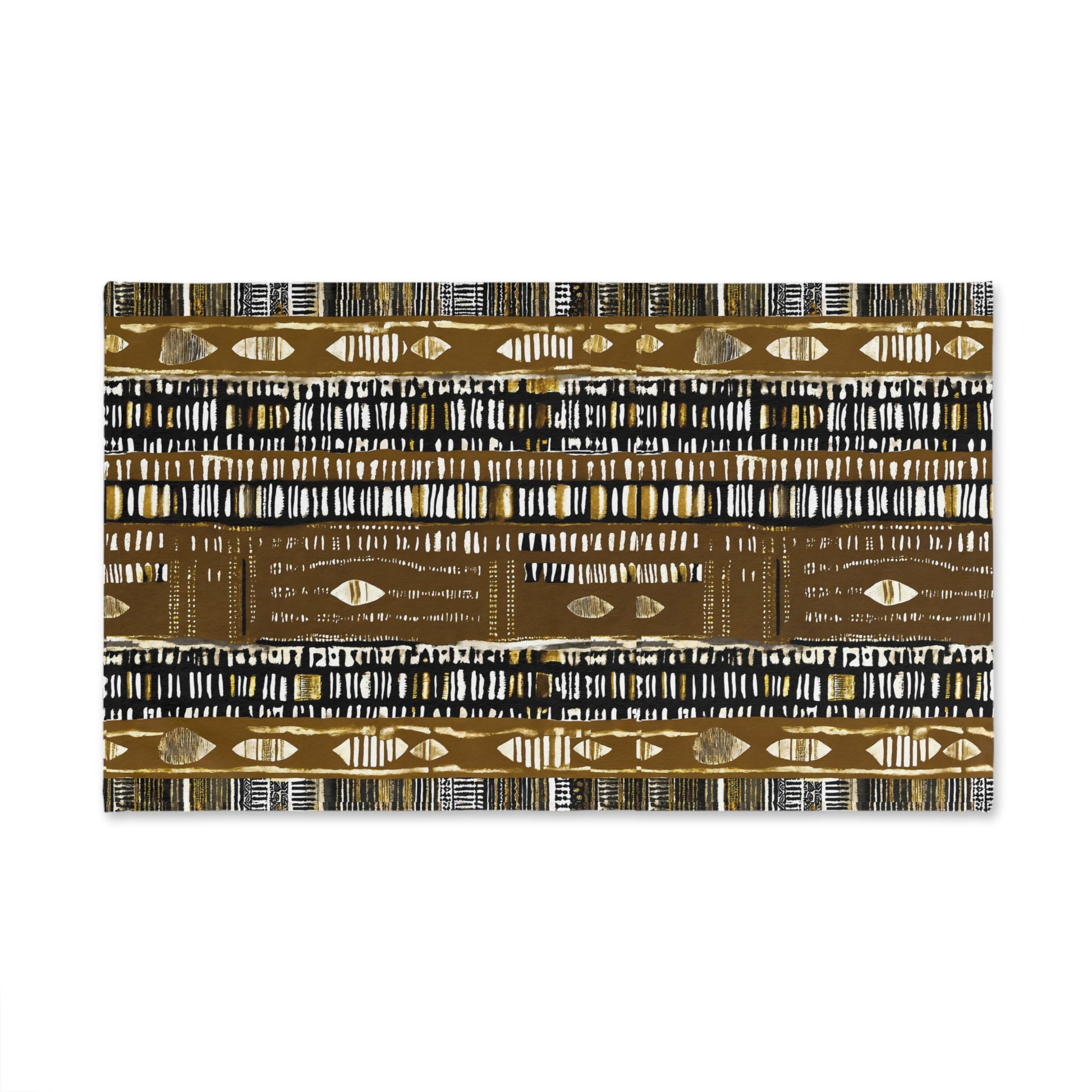 Patterned towel with black, gold, and white design on a white background