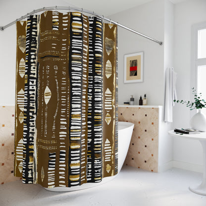 Patterned Bathroom curtain in a bathroom setting with a bathtub and decorative elements.