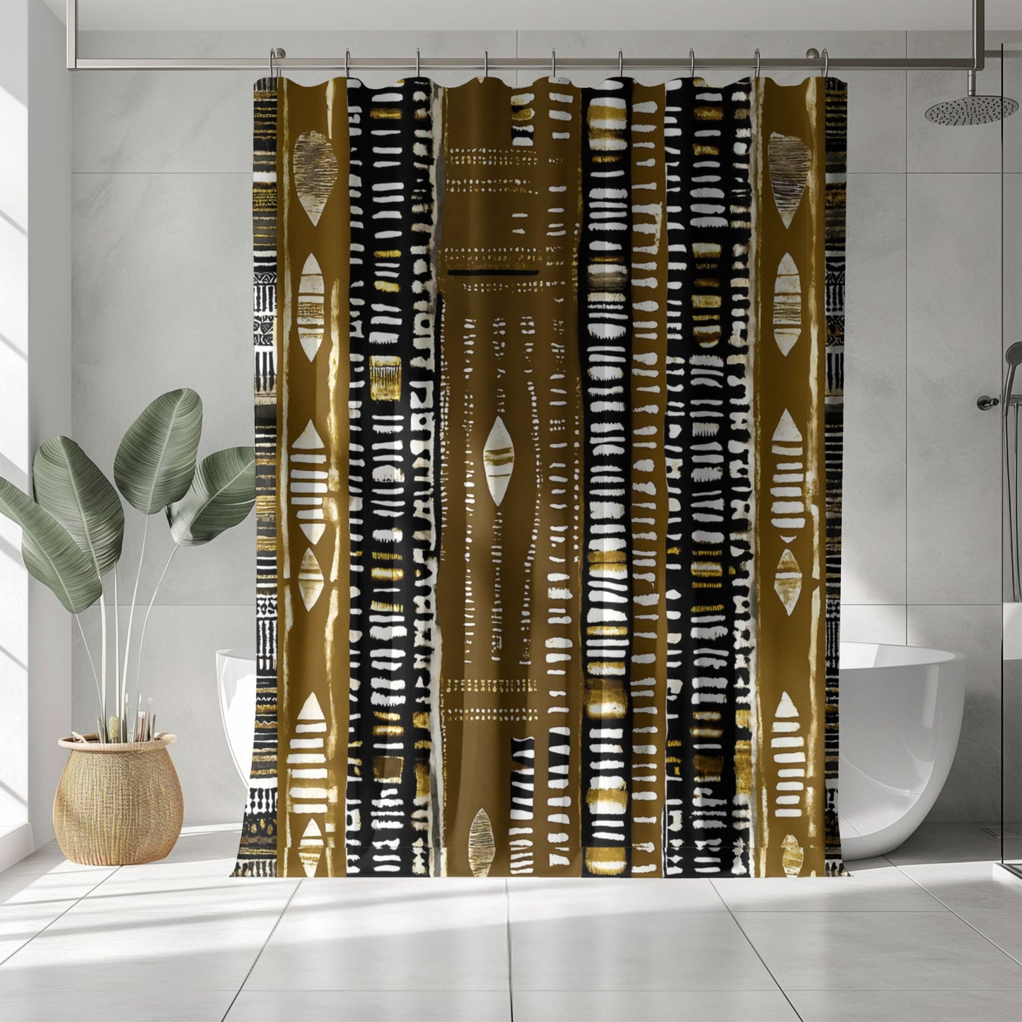 Tribal Print shower curtain with gold and black pattern in a bathroom setting