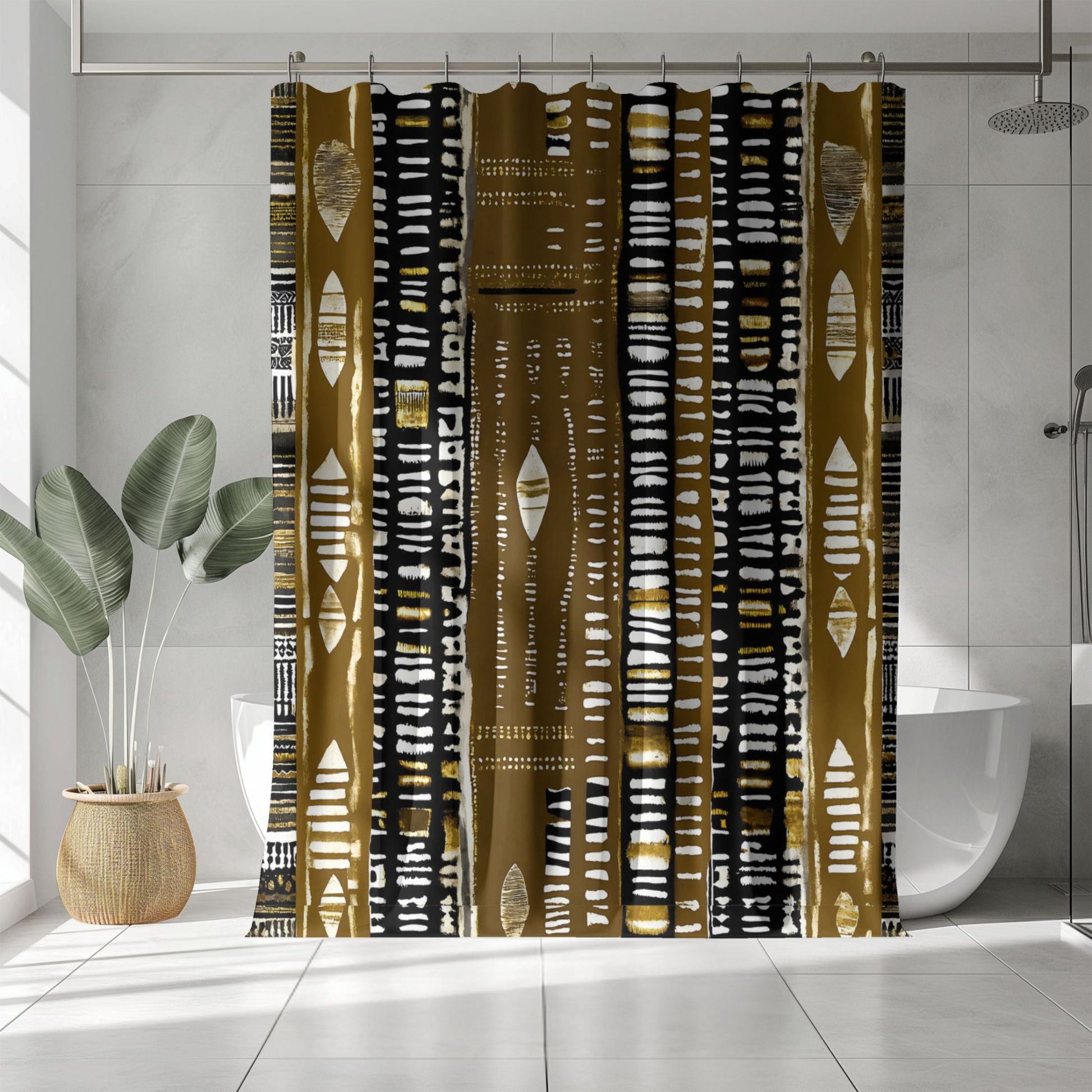 Tribal Print shower curtain with gold and black pattern in a bathroom setting