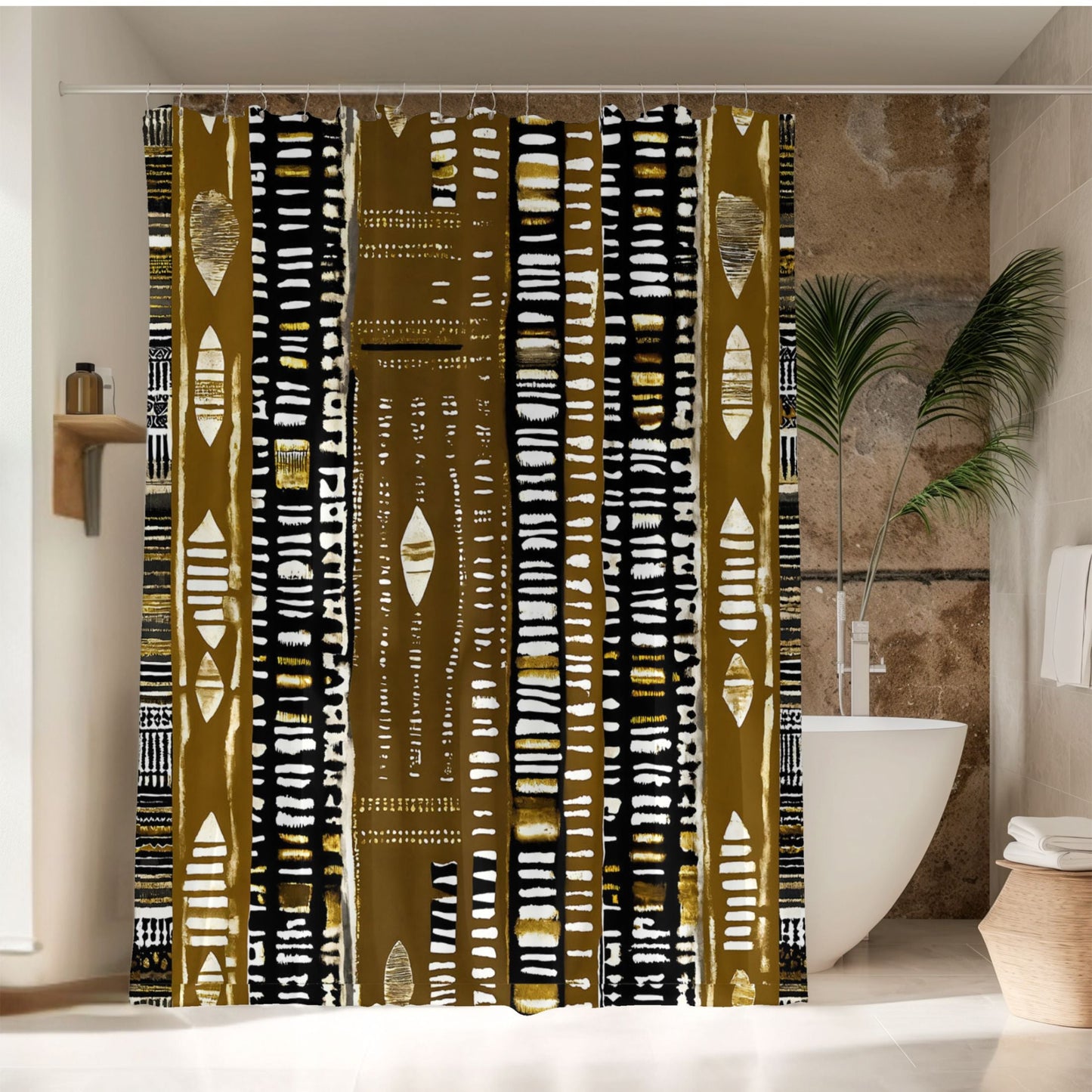 African print shower curtain with geometric pattern in a bathroom setting