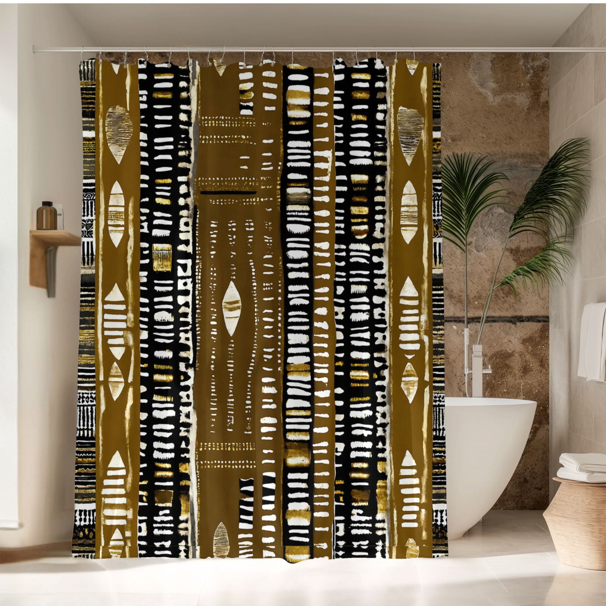 African print shower curtain with geometric pattern in a bathroom setting